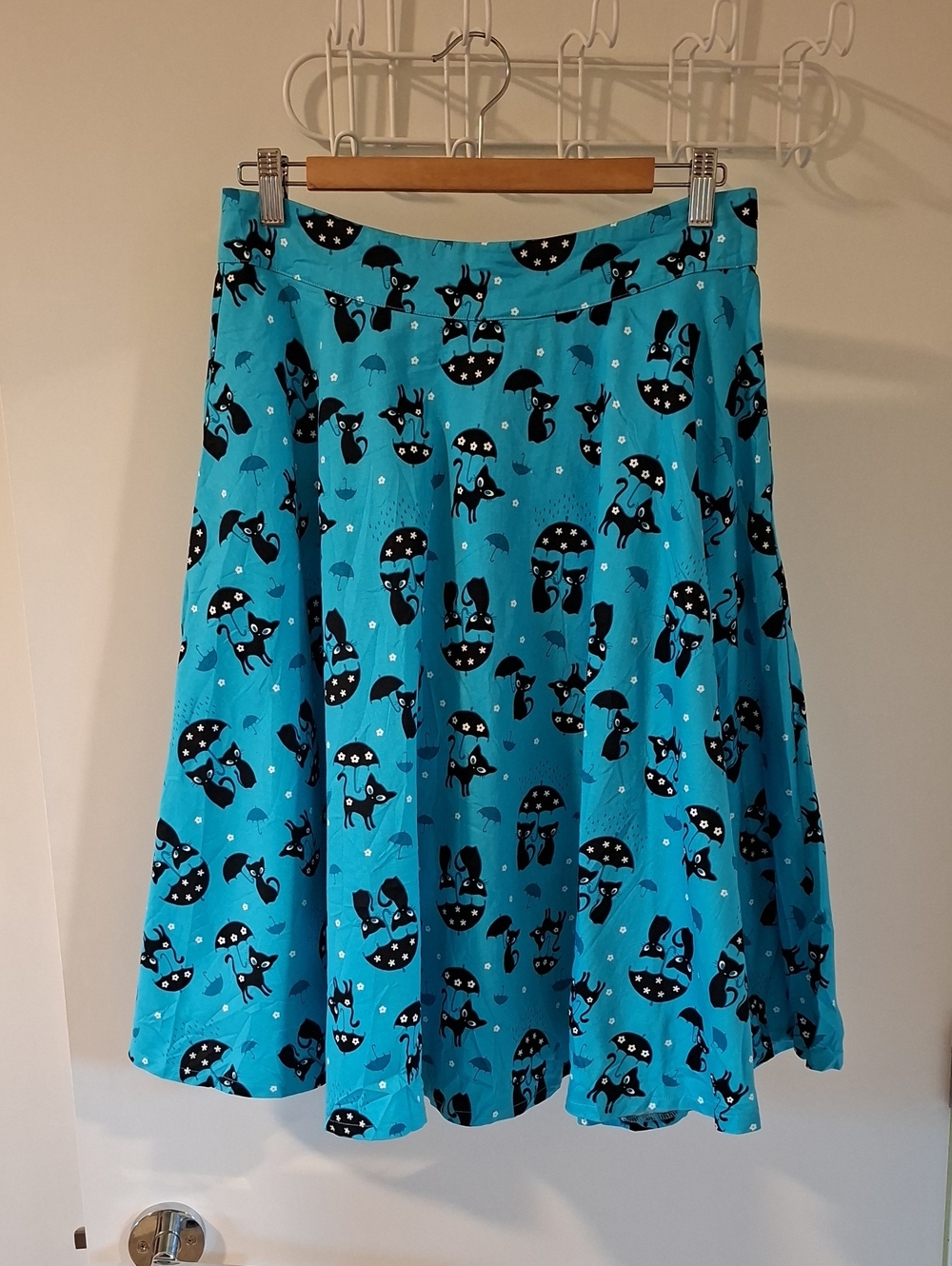 Voodoo Vixen Retro-inspired Blue Circle Skirt w/ Black Cat Design (Size US 10)